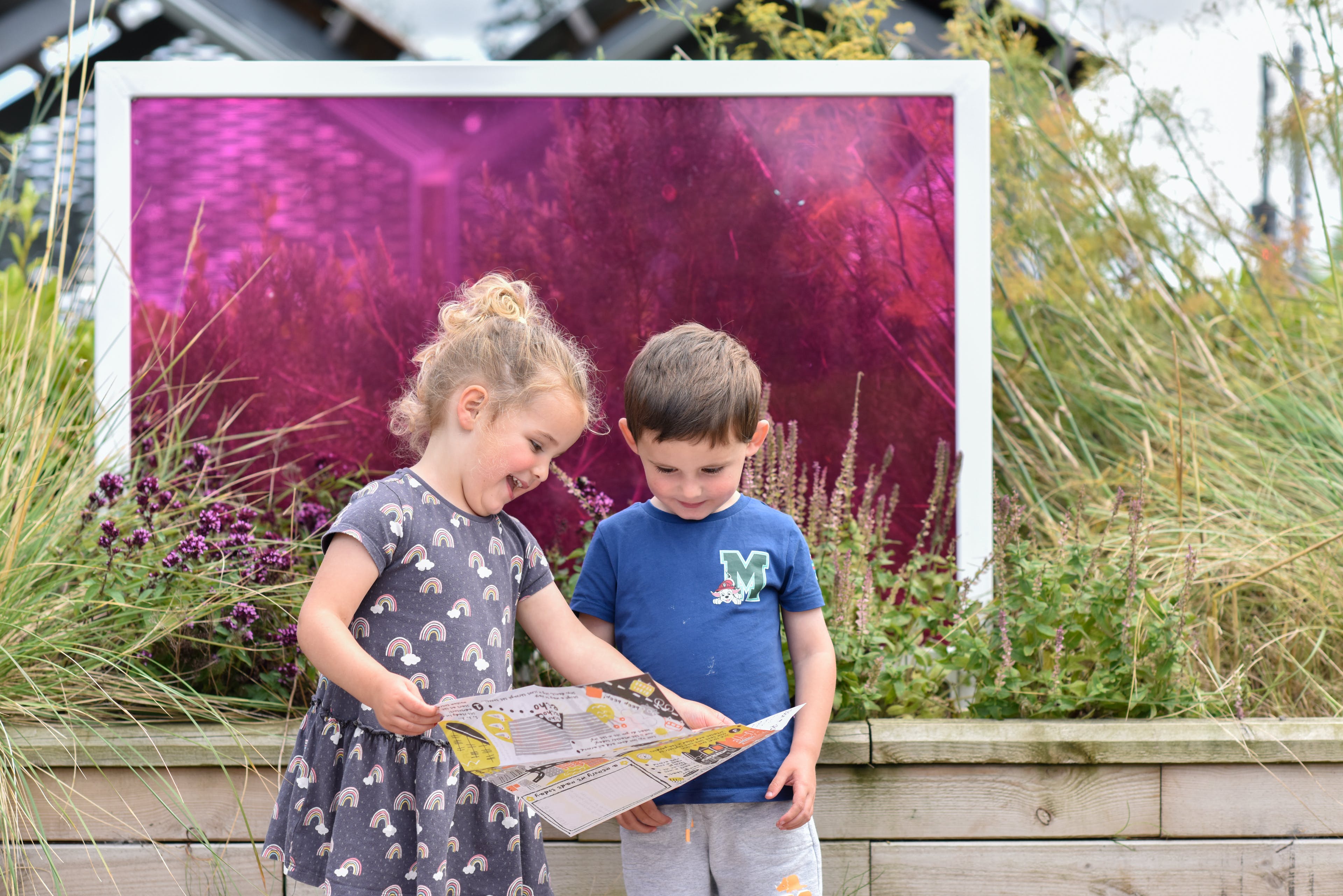 Two children looking at a trail map outside the museum
