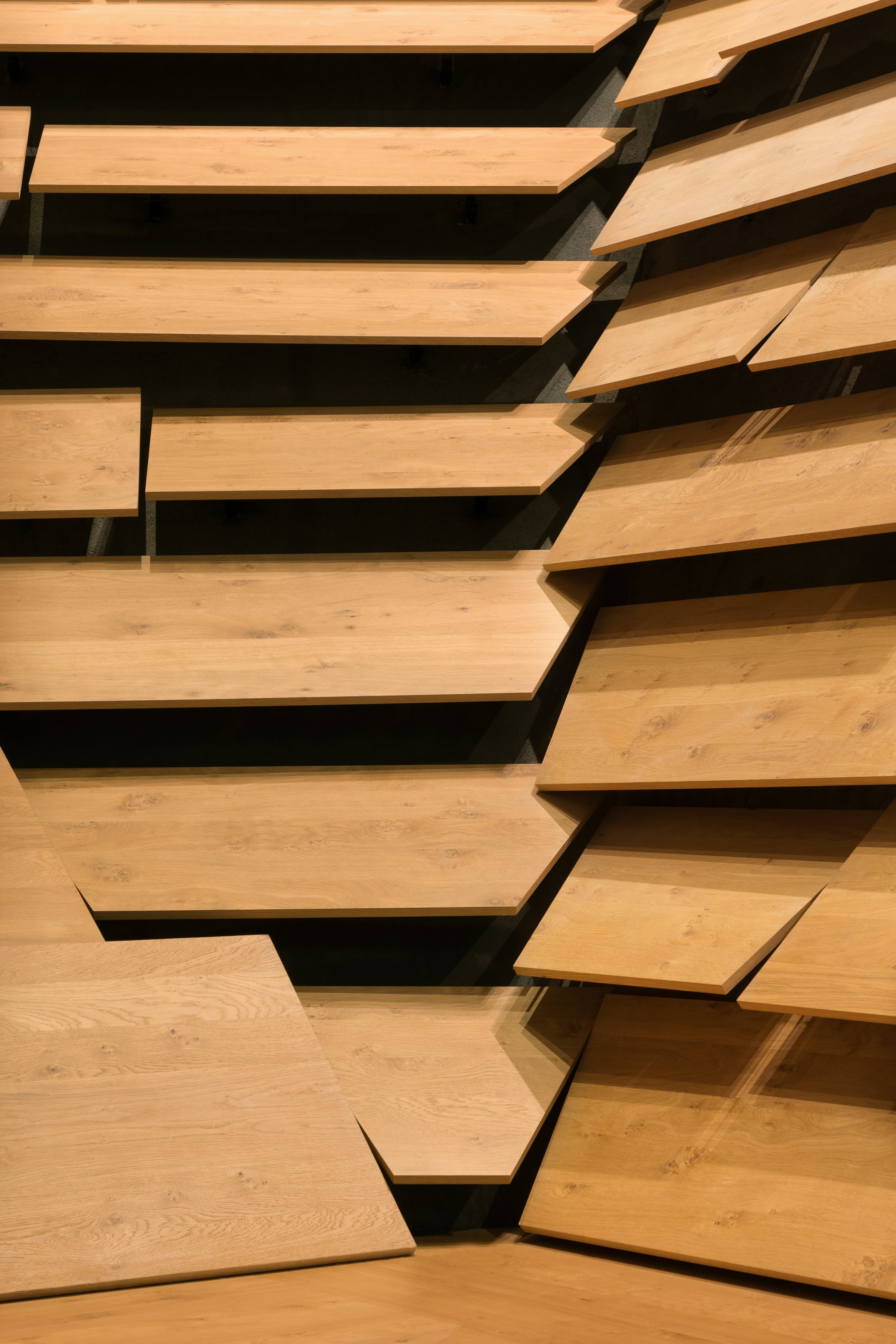 A corner section of interior wooden cladding within V&A Dundee